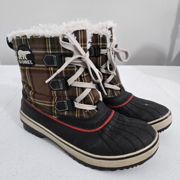 Sorel Womens Tivoli Duck Boots Size 8.5 Plaid Waterproof Lace Up Faux Fur Lined - Picture 1 of 10